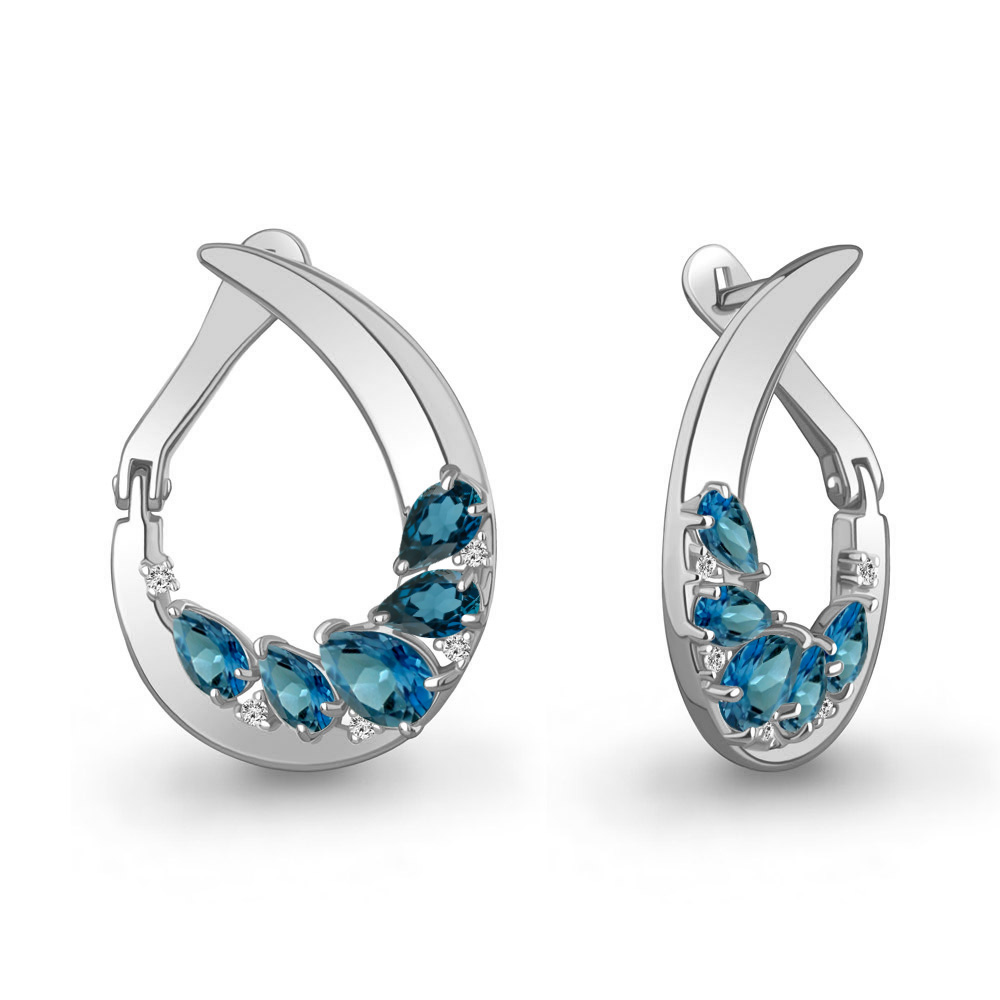45018608А Серьги из Серебра с топазами лондон блю, фианитами