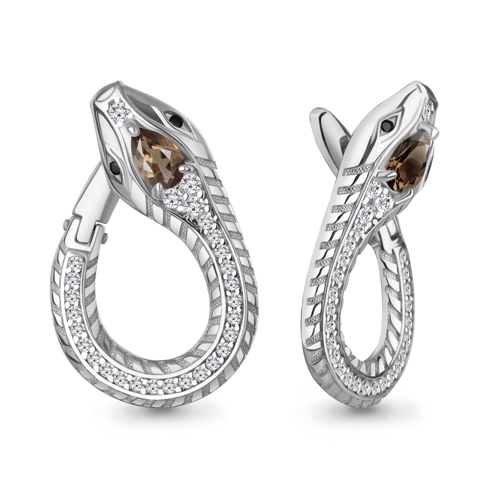 45018901АЧ Серьги из Серебра с кварцами дымчатыми, нанокристаллами, фианитами