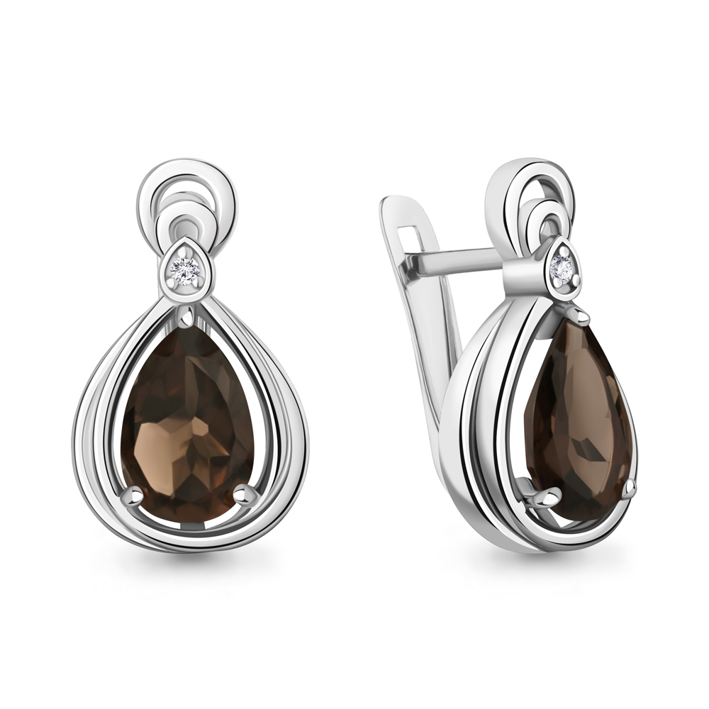 45019301А Серьги из Серебра с кварцами дымчатыми, фианитами