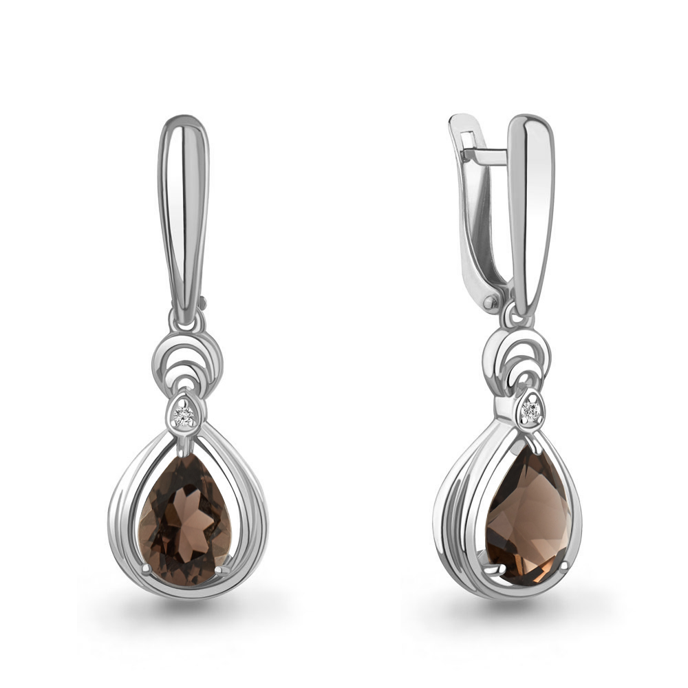 45019401А Серьги из Серебра с кварцами дымчатыми, фианитами