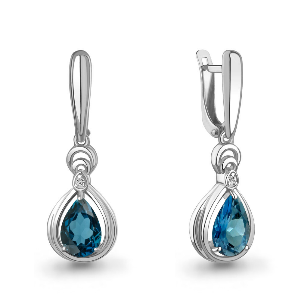 45019408А Серьги из Серебра с топазами лондон блю, фианитами