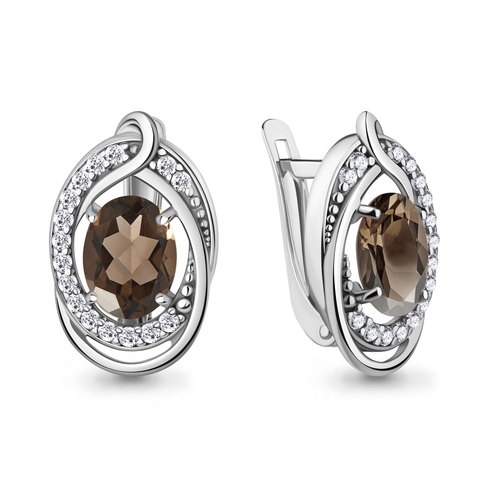45019501А Серьги из Серебра с кварцами дымчатыми, фианитами