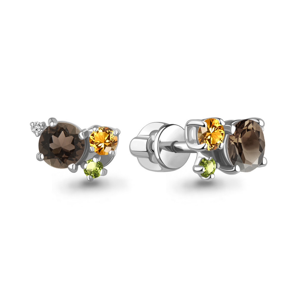 45021845 Серьги из Серебра с кварцами дымчатыми, фианитами, хризолитами, цитринами