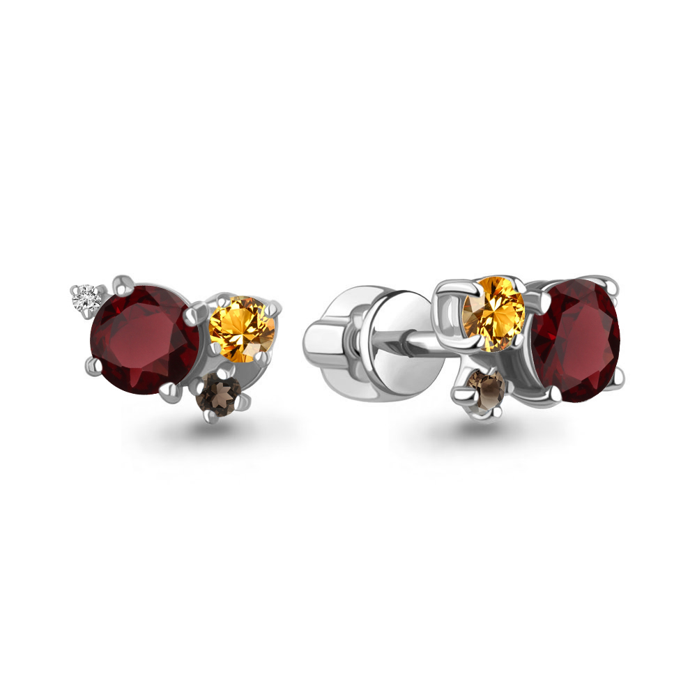 45021847 Серьги из Серебра с гранатами, кварцами дымчатыми, фианитами, цитринами