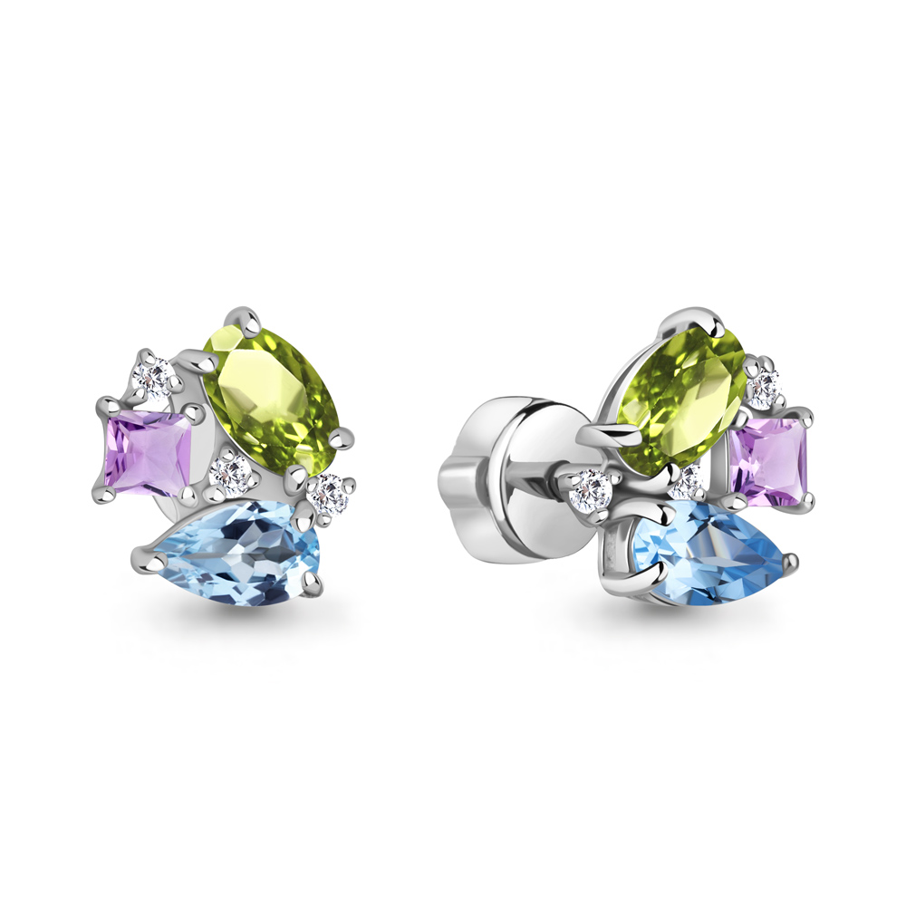 45021940 Серьги из Серебра с аметистами, топазами свисс блю, фианитами, хризолитами