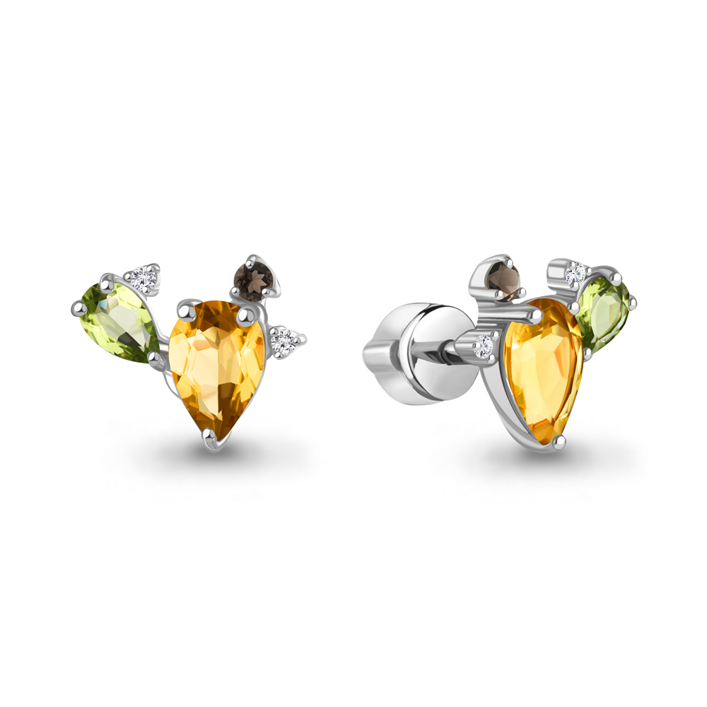 450221145 Серьги из Серебра с кварцами дымчатыми, фианитами, хризолитами, цитринами