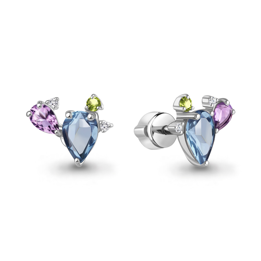 45022140 Серьги из Серебра с аметистами, топазами свисс блю, фианитами, хризолитами