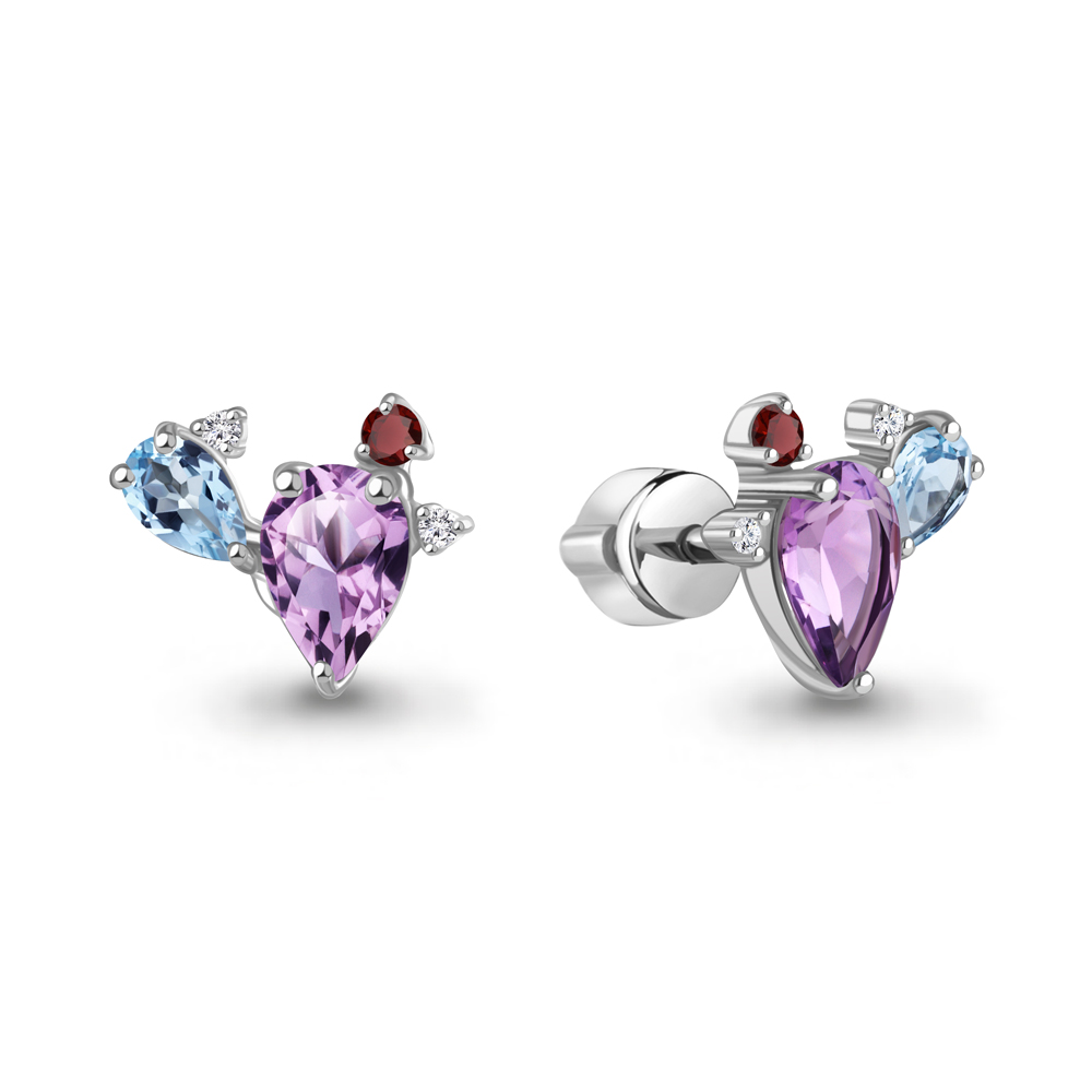 450221517 Серьги из Серебра с аметистами, гранатами, топазами свисс блю, фианитами