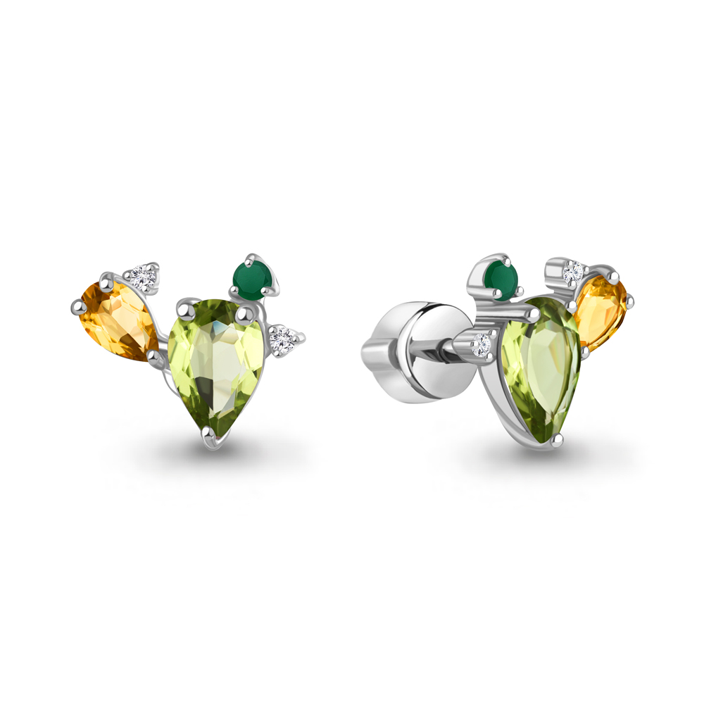 450221518 Серьги из Серебра с агатами, фианитами, хризолитами, цитринами