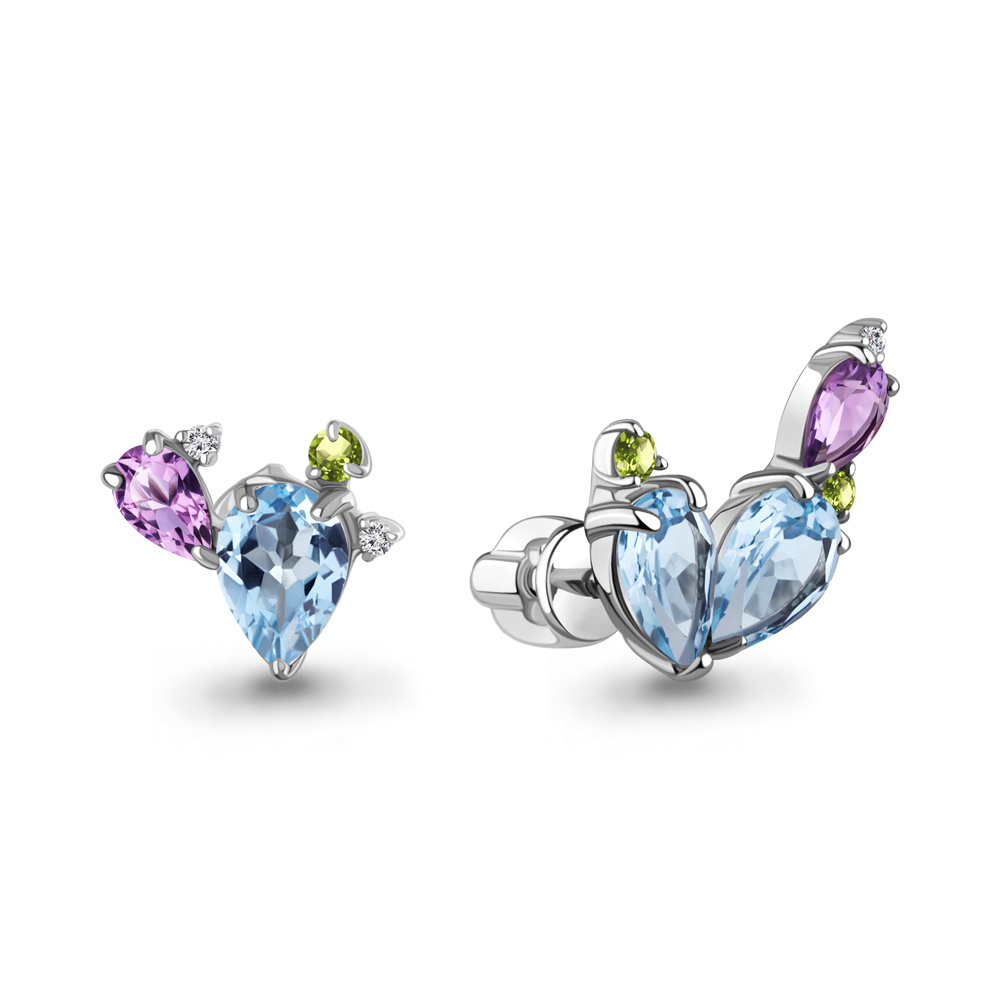 45022240 Серьги из Серебра с аметистами, топазами свисс блю, фианитами, хризолитами