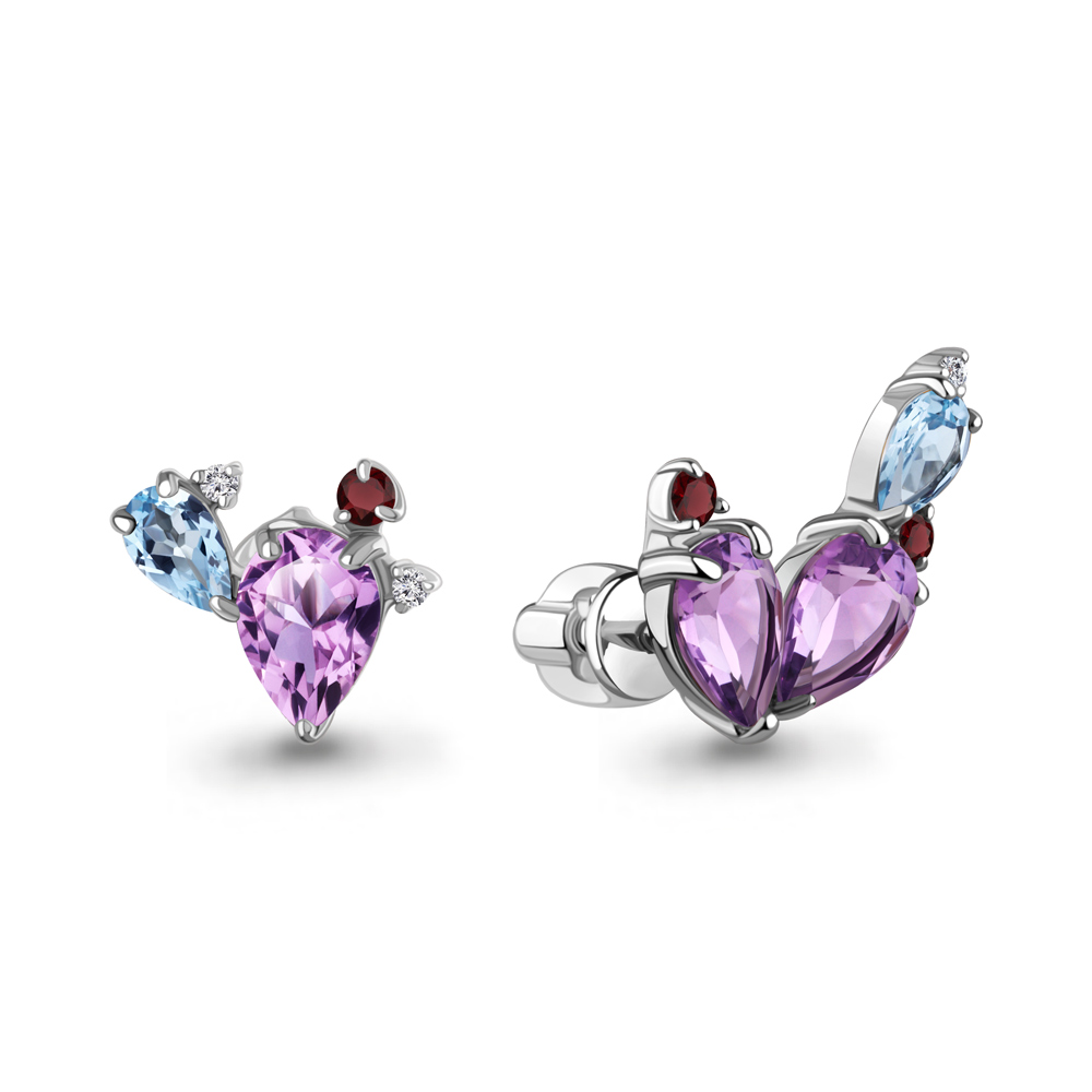 450222517 Серьги из Серебра с аметистами, гранатами, топазами свисс блю, фианитами