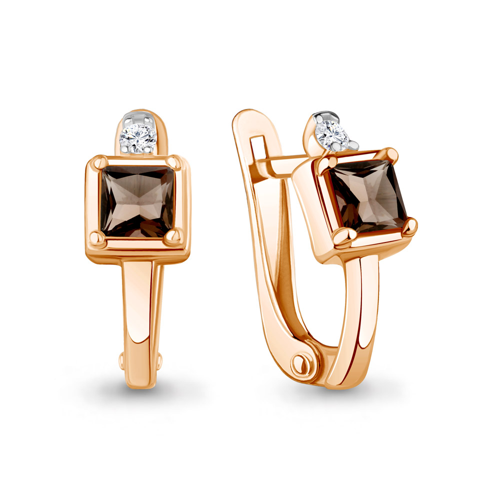 45024101А Серьги из Золота с кварцами дымчатыми, фианитами