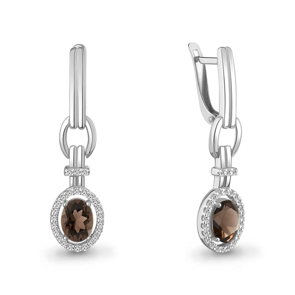 45026201А Серьги из Серебра с кварцами дымчатыми, фианитами