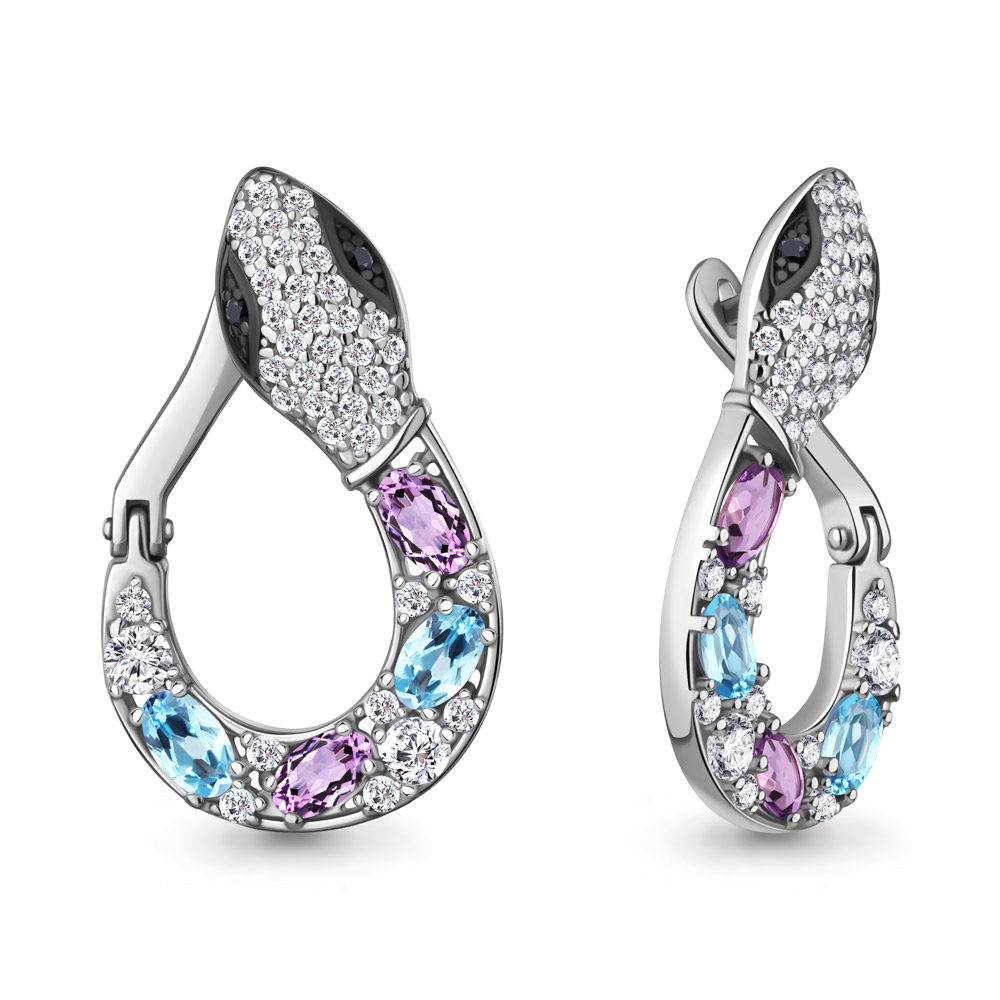 45026430АЧ Серьги из Серебра с аметистами, нанокристаллами, топазами свисс блю, фианитами