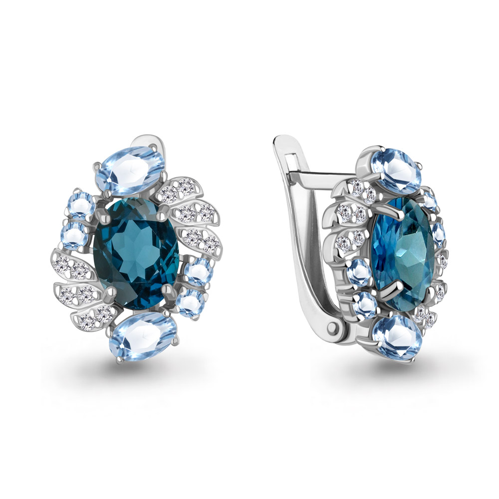 45027162А Серьги из Серебра с топазами лондон блю, топазами свисс блю, фианитами