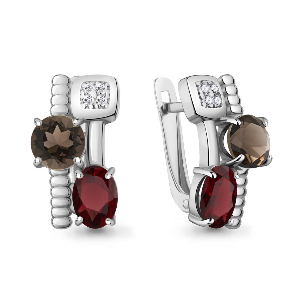 45028136А Серьги из Серебра с гранатами, кварцами дымчатыми, фианитами