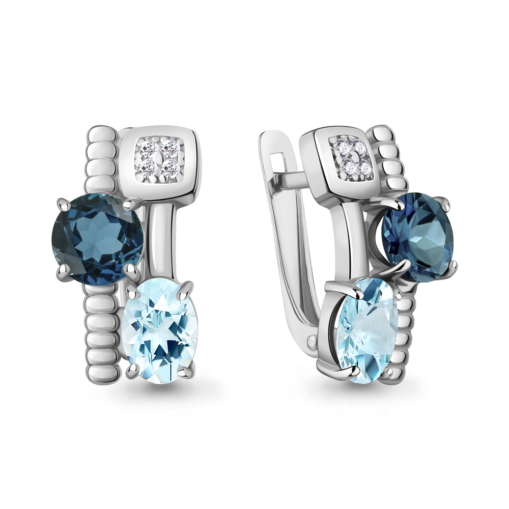 450281600А Серьги из Серебра с топазами лондон блю, топазами скай блю, фианитами