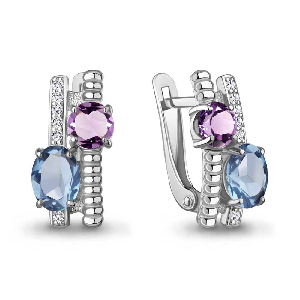 45028630А Серьги из Серебра с аметистами, топазами свисс блю, фианитами