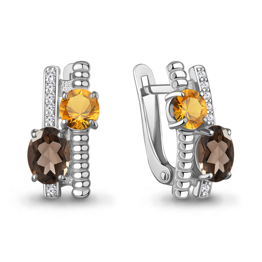 45028635А Серьги из Серебра с кварцами дымчатыми, фианитами, цитринами