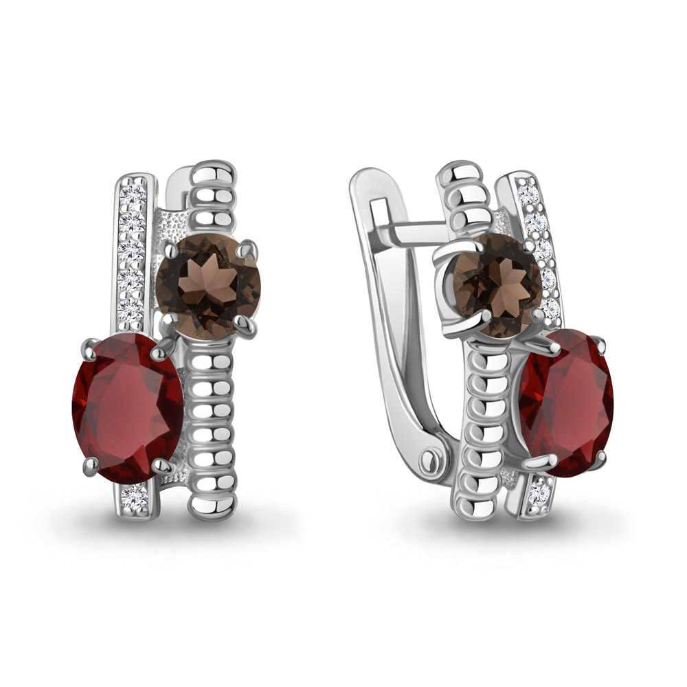 45028636А Серьги из Серебра с гранатами, кварцами дымчатыми, фианитами