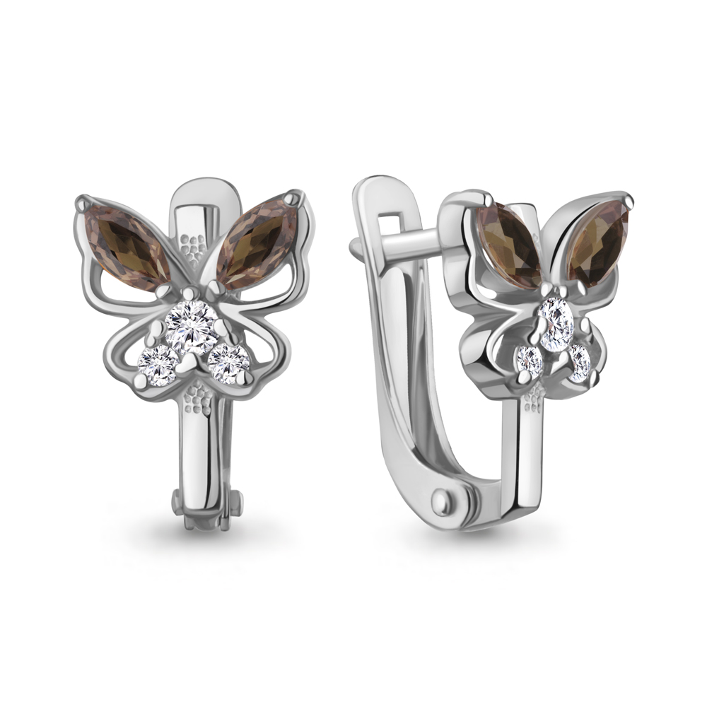 45028901А Серьги из Серебра с кварцами дымчатыми, фианитами