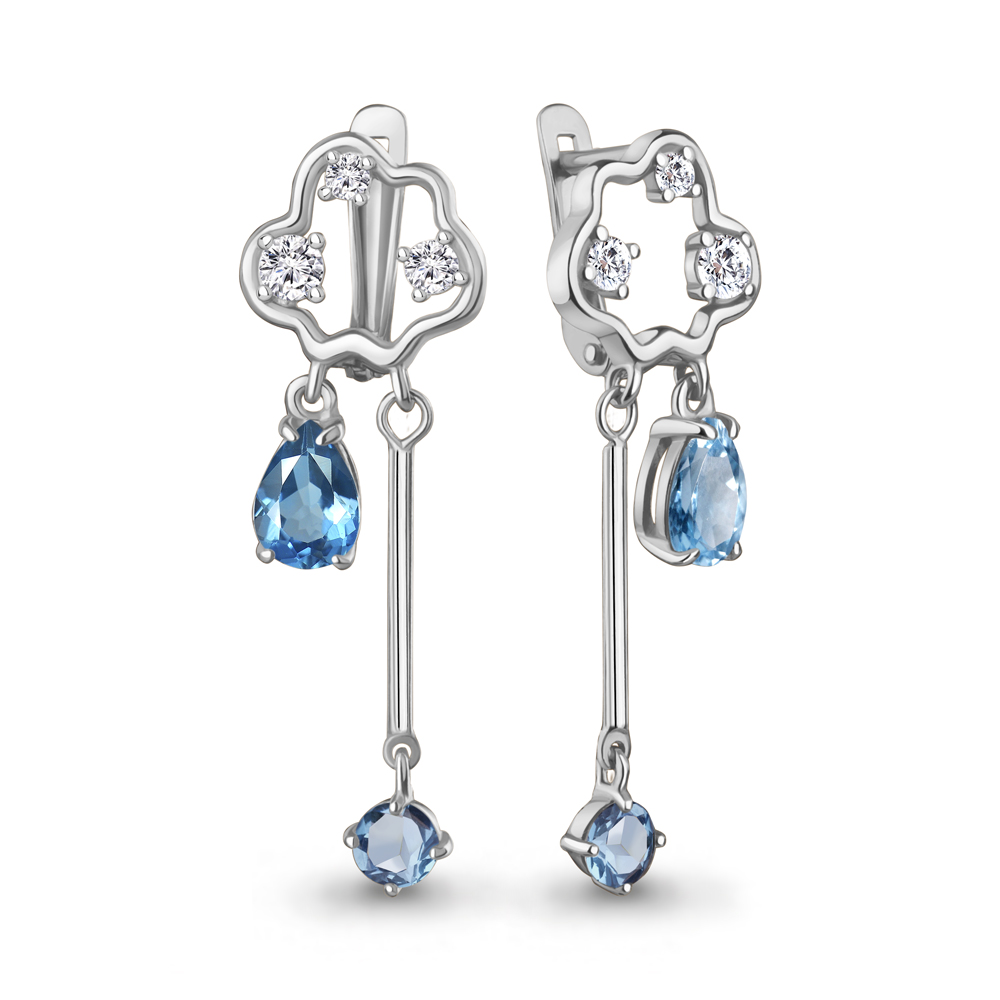 45029705А Серьги из Серебра с топазами свисс блю, фианитами