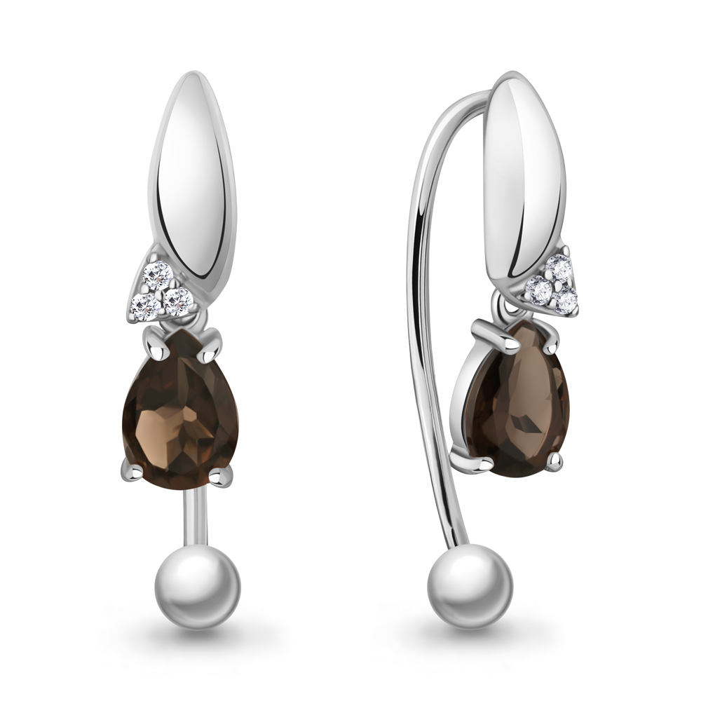 45031001А Серьги из Серебра с кварцами дымчатыми, фианитами