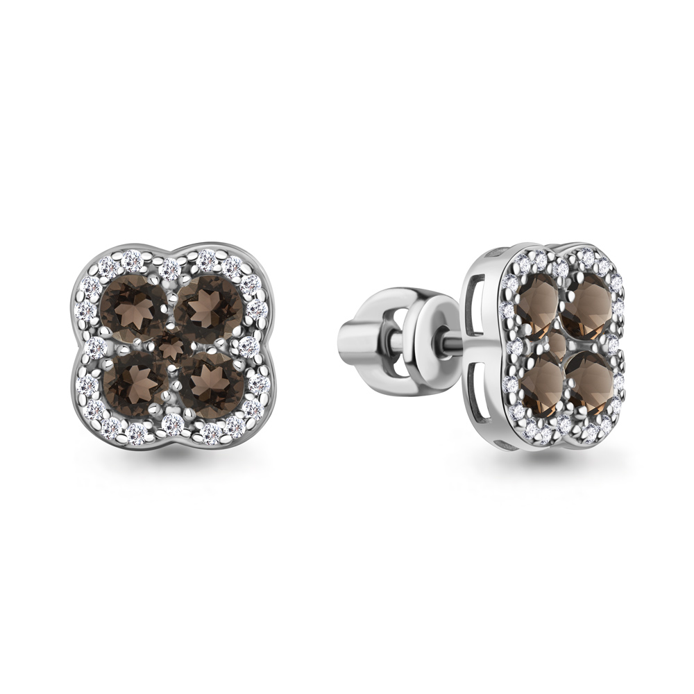 45032201А Серьги из Серебра с кварцами дымчатыми, фианитами