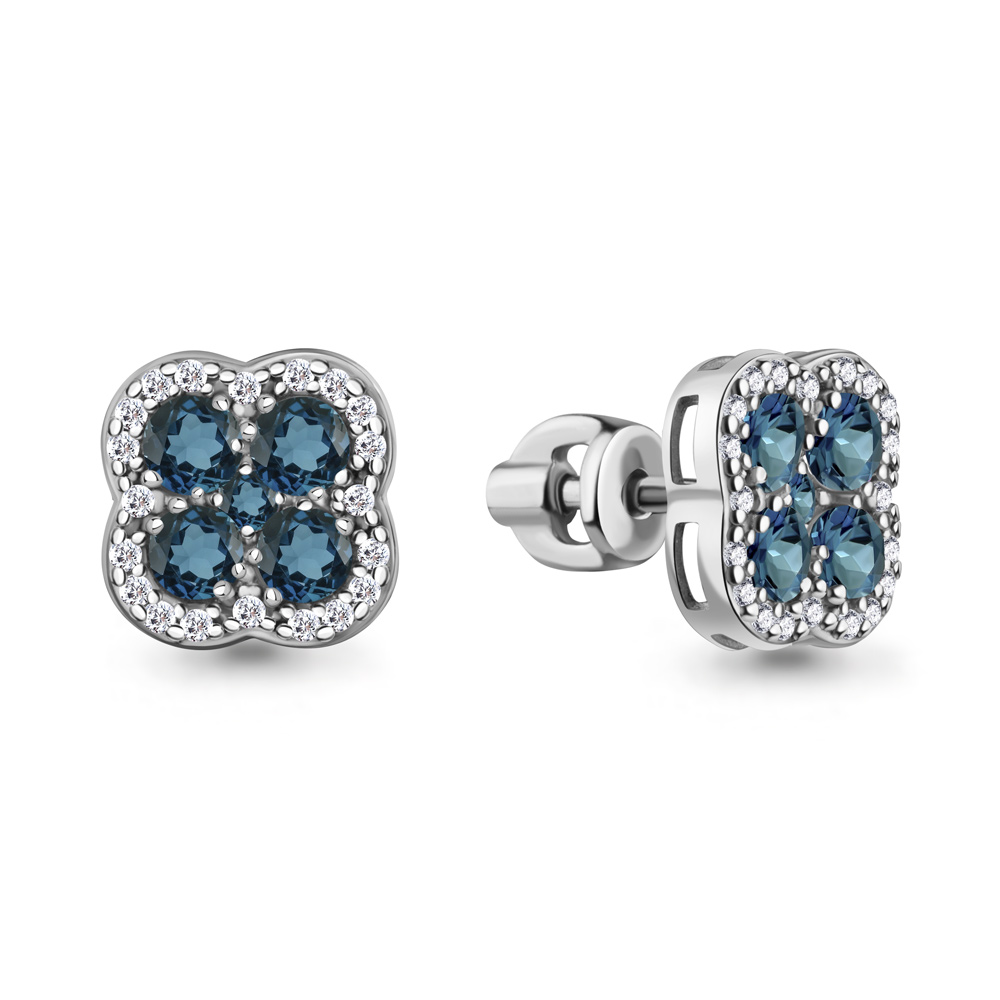 45032208А Серьги из Серебра с топазами лондон блю, фианитами