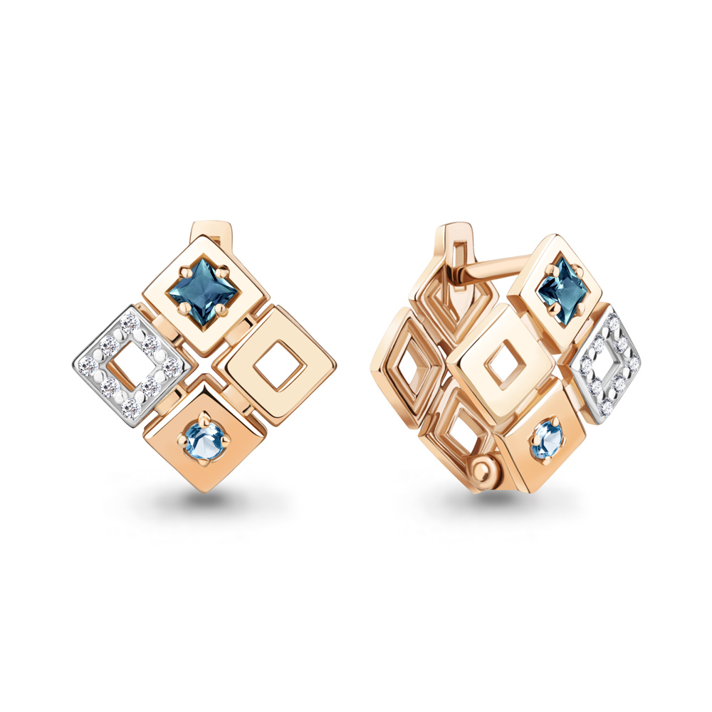 45033562А Серьги из Золота с топазами лондон блю, топазами свисс блю, фианитами