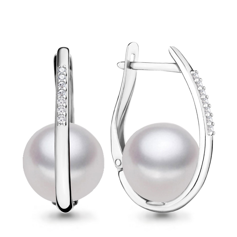 45566А Серьги из Серебра с фианитами, хрустальным жемчугом