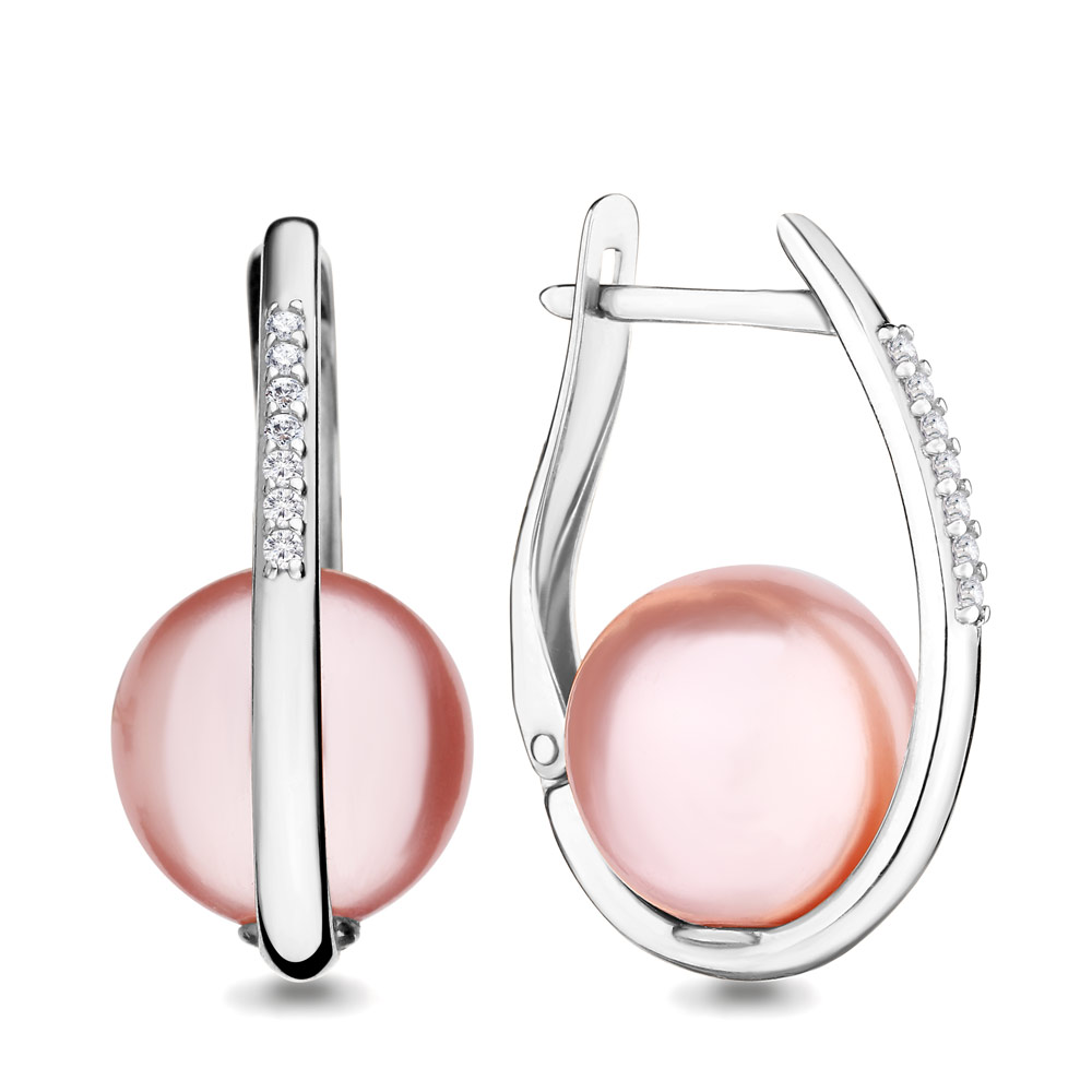 45566В Серьги из Серебра с фианитами, хрустальным жемчугом