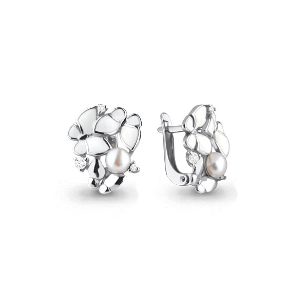45681А Серьги из Серебра с культ. жемчугом  аа, фианитами, эмалью