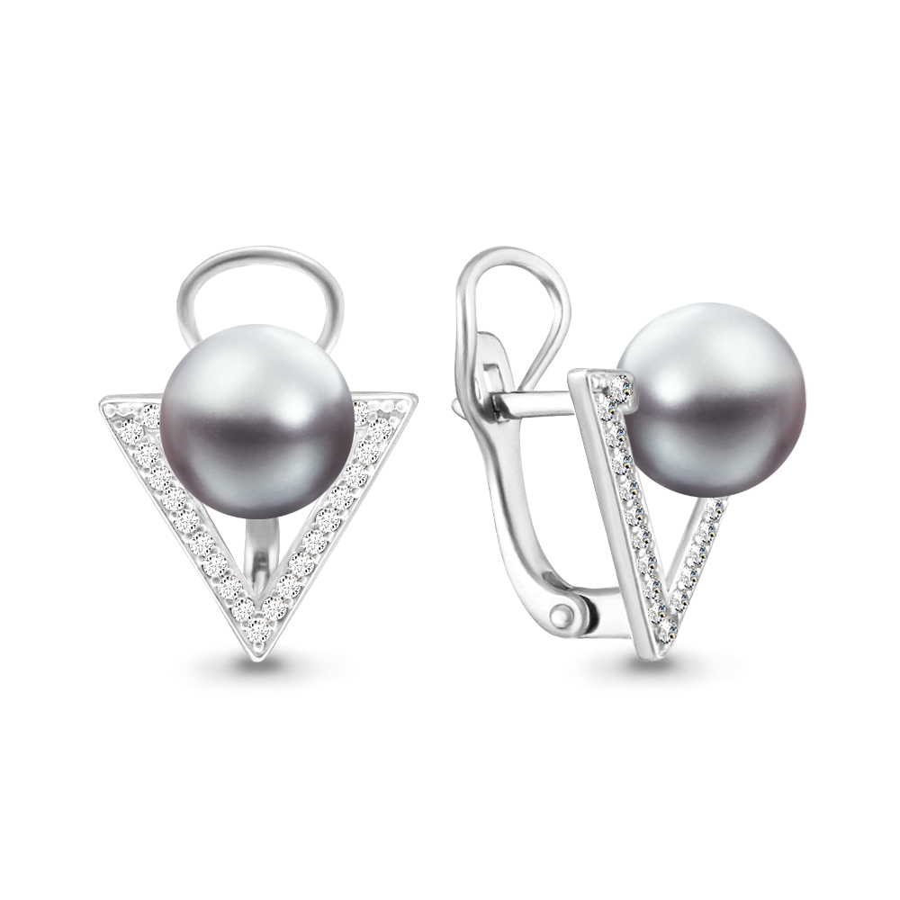 46315Я Серьги из Серебра с имитациями жемчуга, фианитами