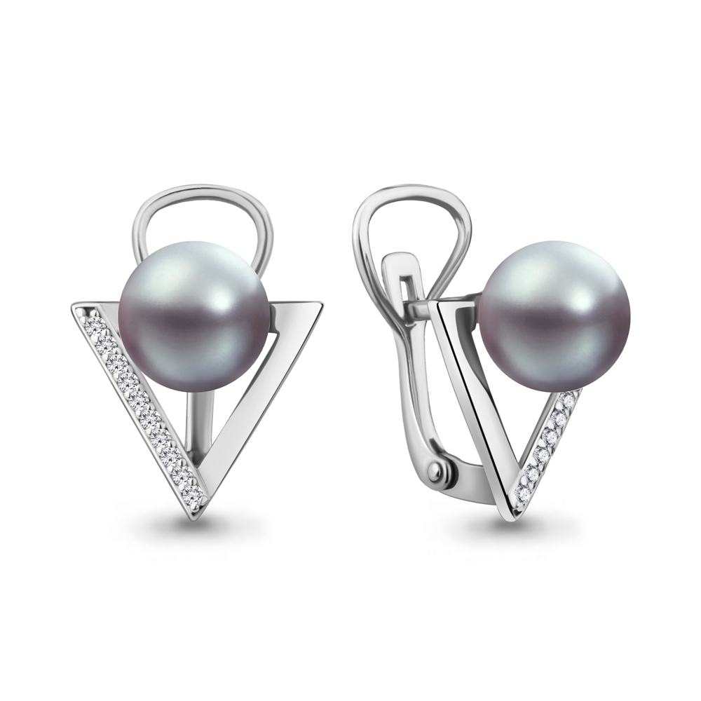46316Я Серьги из Серебра с имитациями жемчуга, фианитами