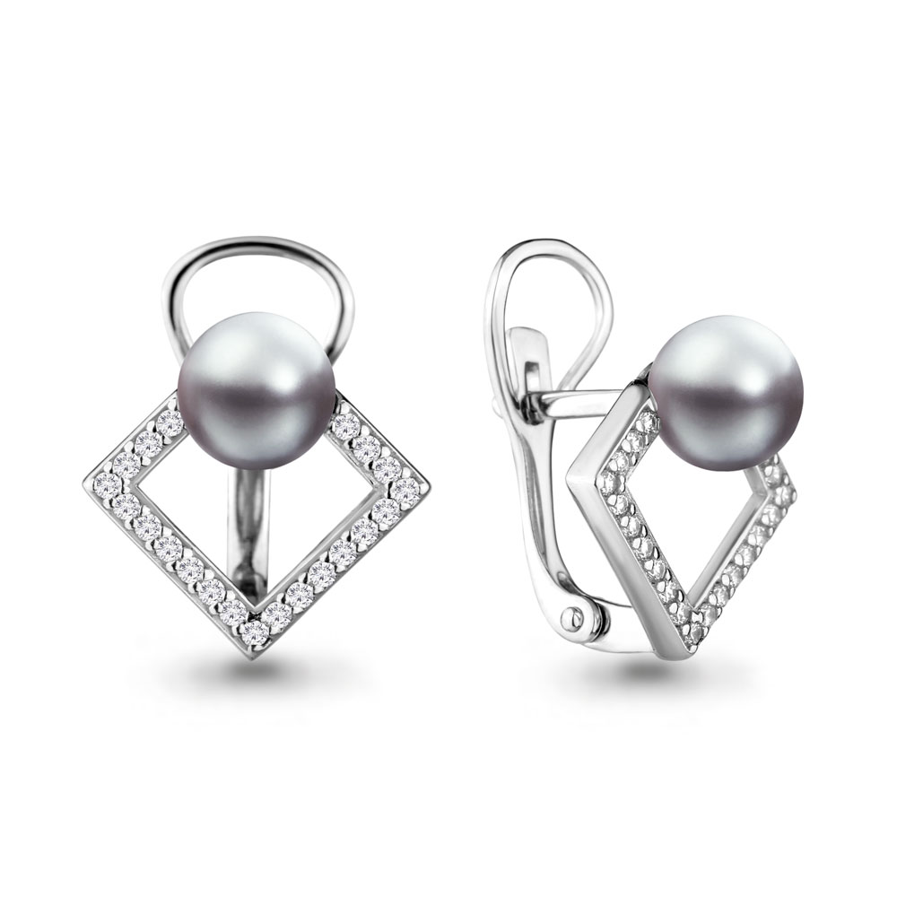 46318Я Серьги из Серебра с имитациями жемчуга, фианитами