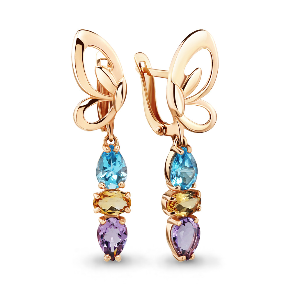 4641579 Серьги из Золота с аметистами, топазами свисс блю, цитринами