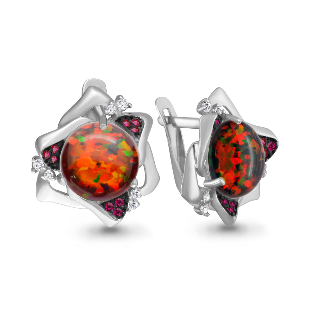 4700087В Серьги из Серебра с нанотурмалинами, опалами иск., фианитами