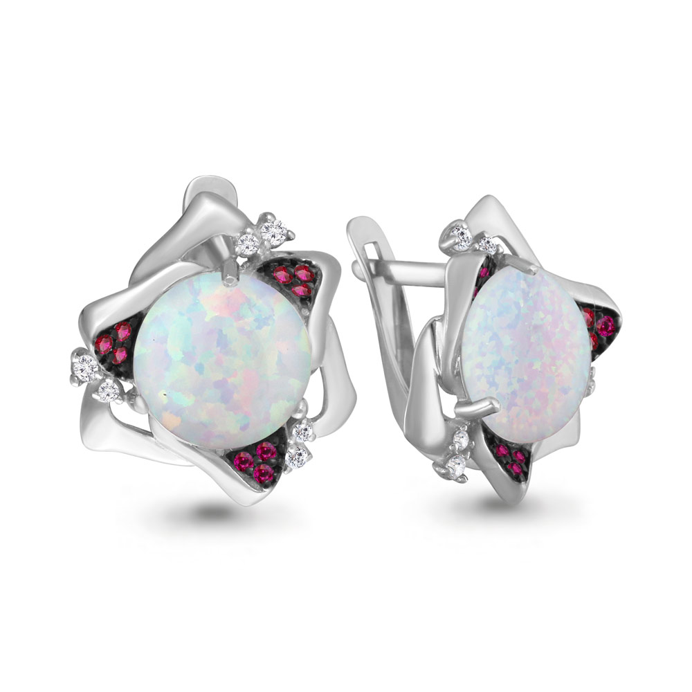 4700098В Серьги из Серебра с нанотурмалинами, опалами иск., фианитами из коллекции "Флёр"