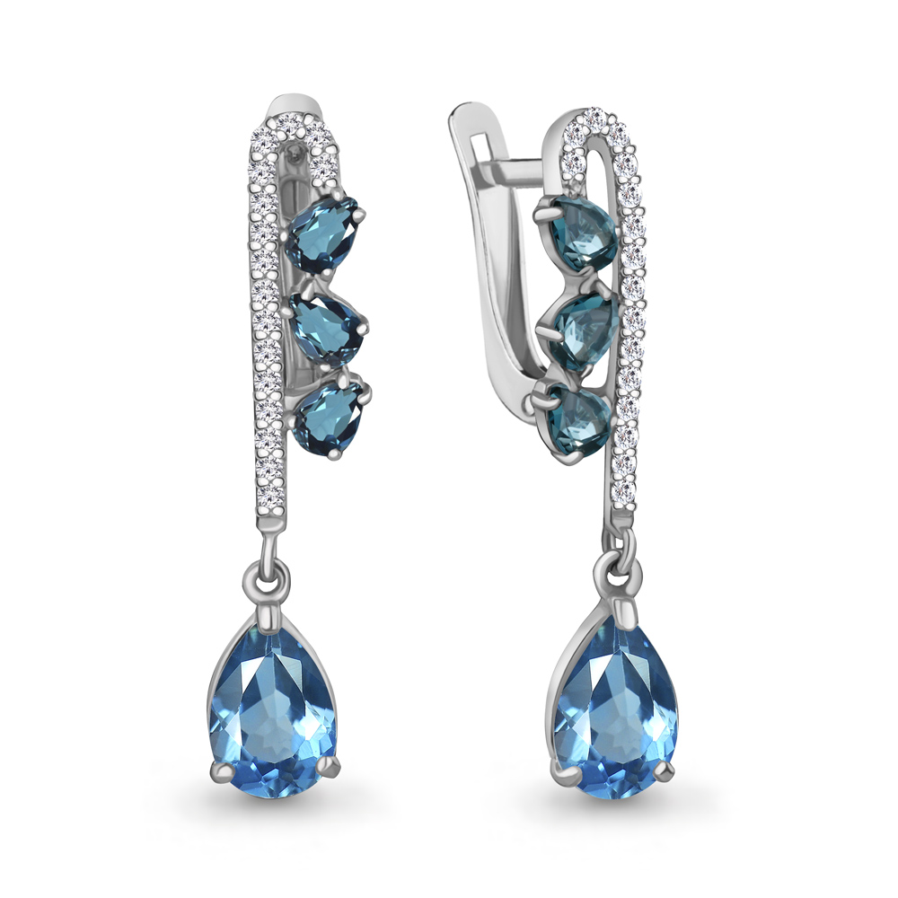 47008600А Серьги из Серебра с топазами лондон блю, топазами скай блю, фианитами