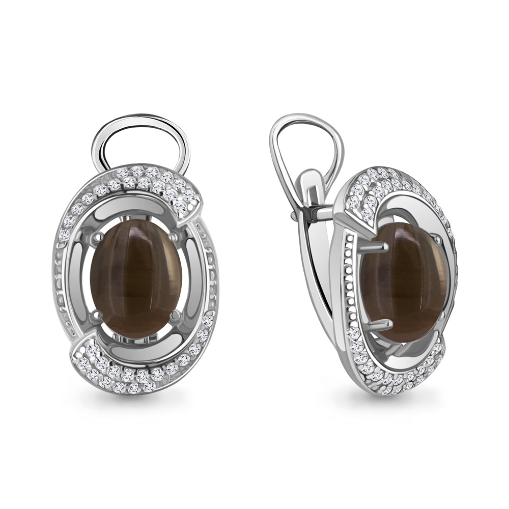 4701101А Серьги из Серебра с кварцами дымчатыми, фианитами