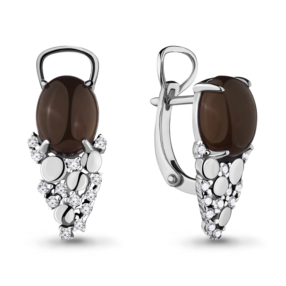 4701201А Серьги из Серебра с кварцами дымчатыми, фианитами