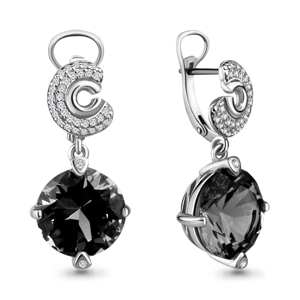 4702983А Серьги из Серебра с нанокристаллом греем  иском., фианитами