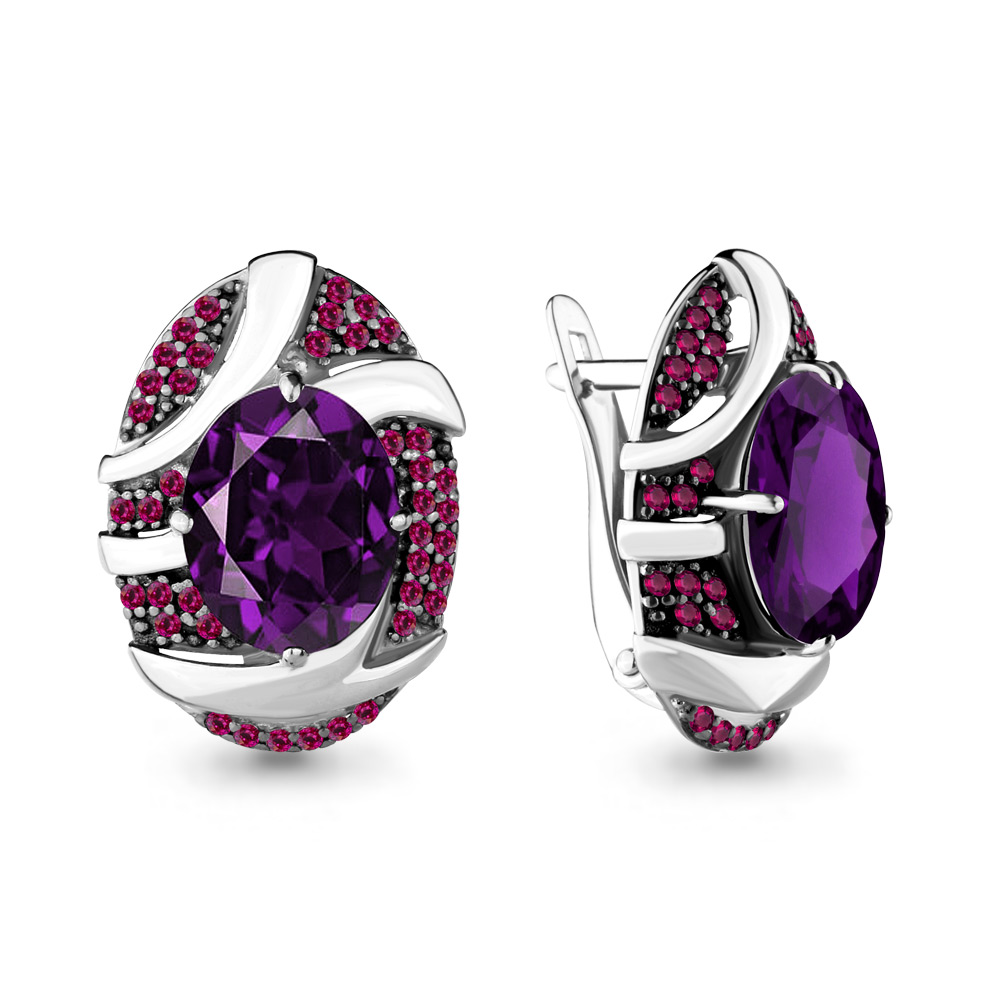 4703284В Серьги из Серебра с наноаметистами иск., рубиновыми корундами