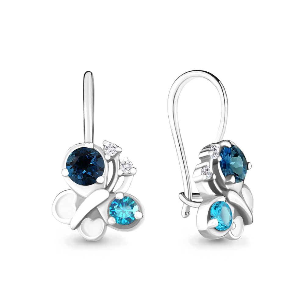 4704062А Серьги из Серебра с топазами лондон блю, топазами свисс блю, фианитами, эмалью из коллекции "Happy"