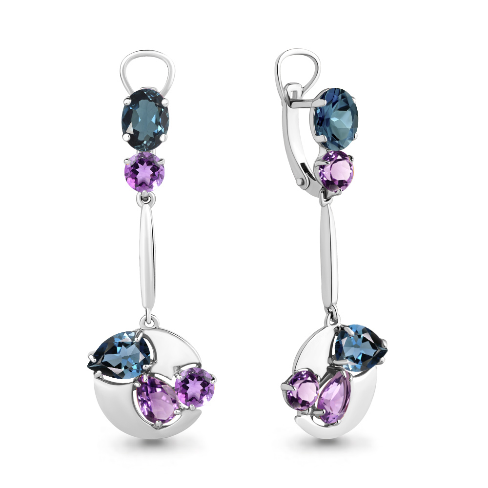 4705932 Серьги из Серебра с аметистами, топазами лондон блю