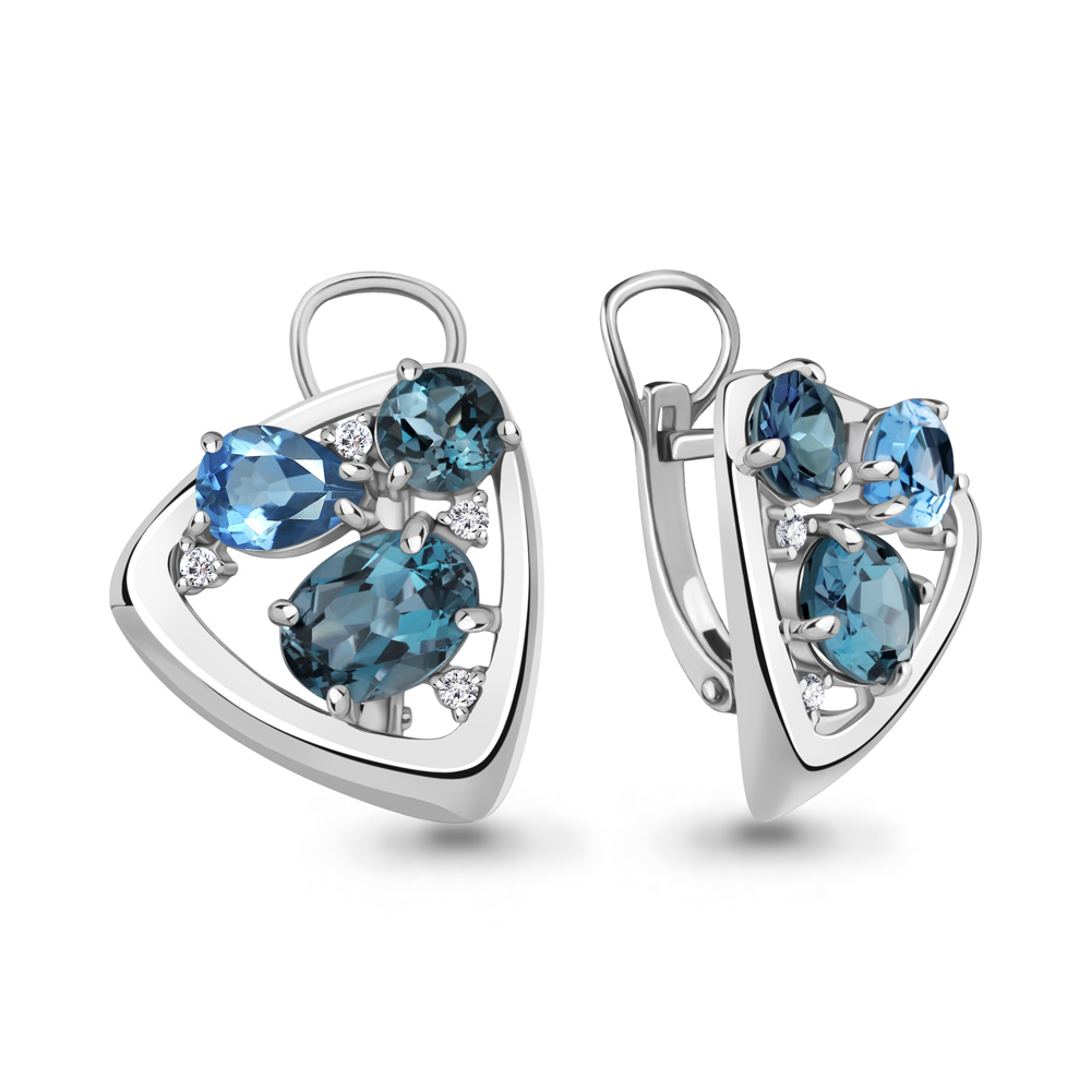 4706762А Серьги из Серебра с топазами лондон блю, топазами свисс блю, фианитами