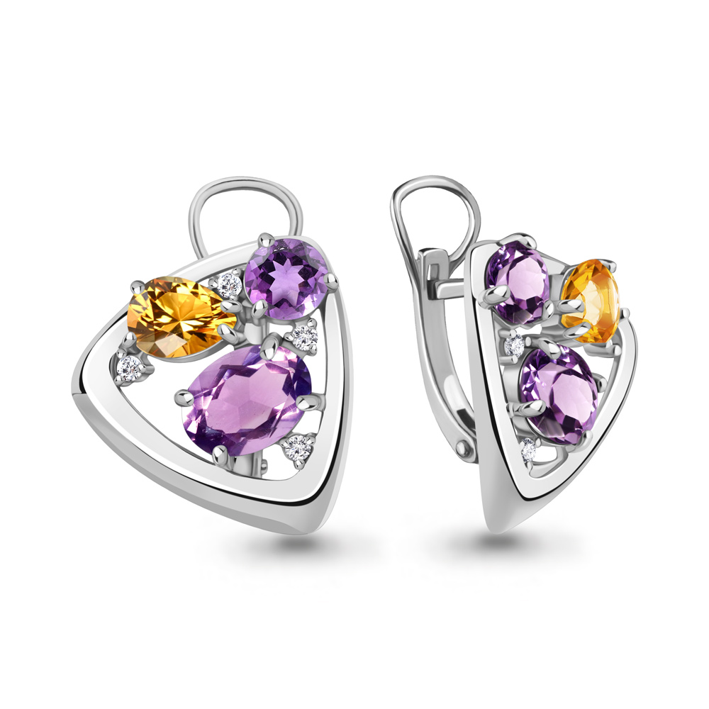 4706775А Серьги из Серебра с аметистами, фианитами, цитринами