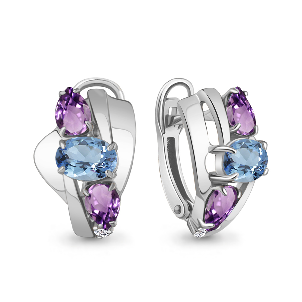 4708030А Серьги из Серебра с аметистами, топазами свисс блю, фианитами