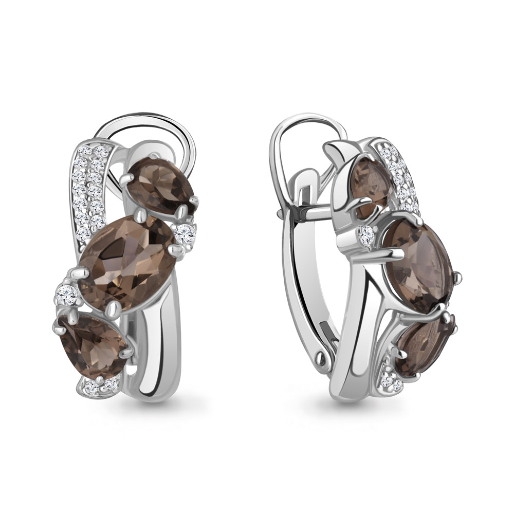 4708201А Серьги из Серебра с кварцами дымчатыми, фианитами